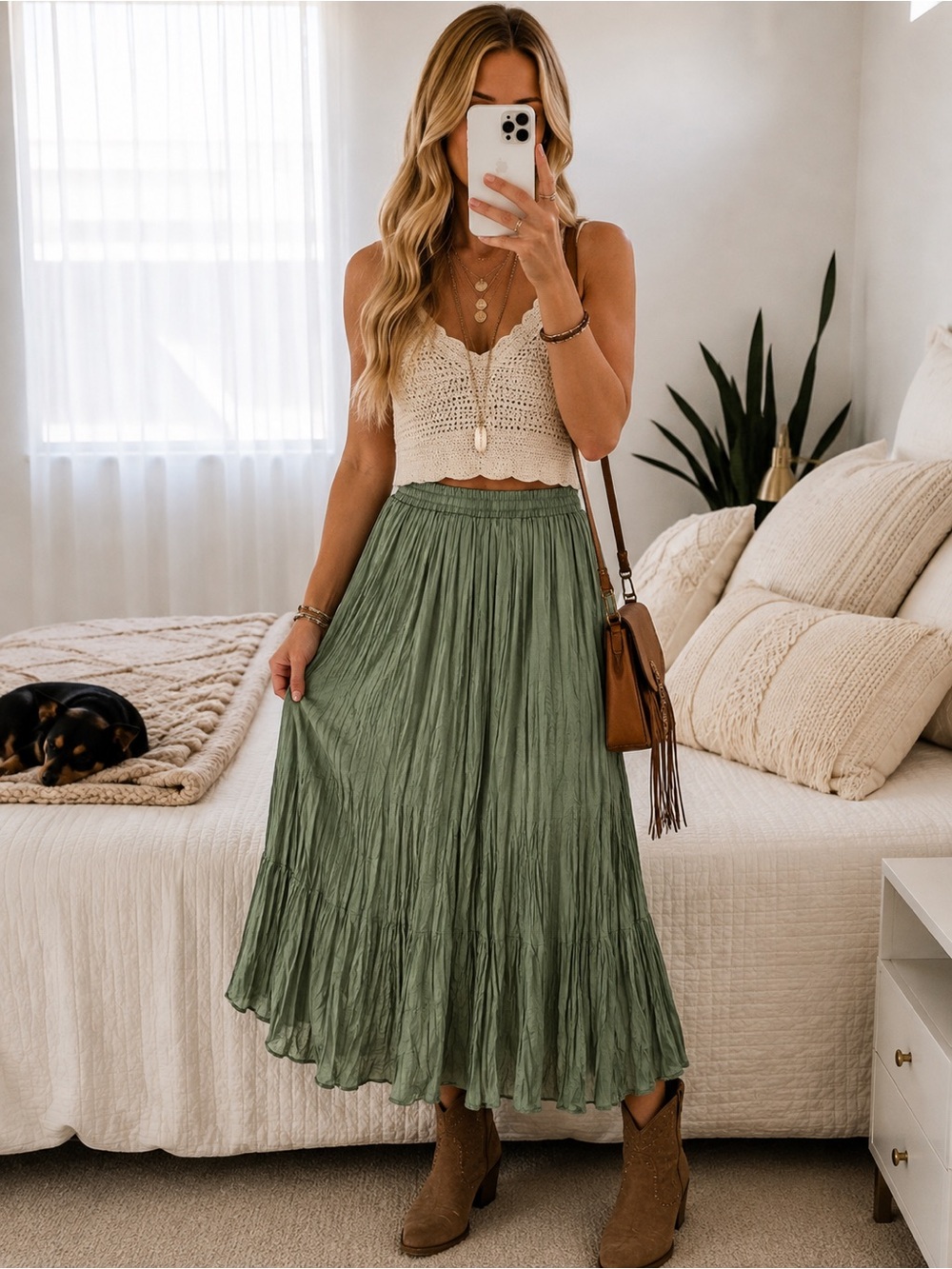 NY Collection Silk Olive Green Maxi Skirt with Pleated Flow